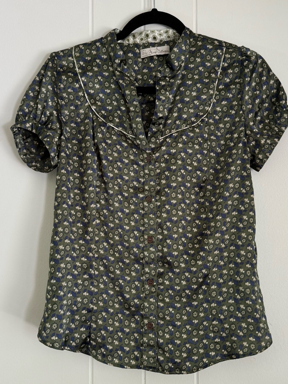 Zara TRF Collection Floral Blouse Small Olive Blue Short Sleeve Western Boho